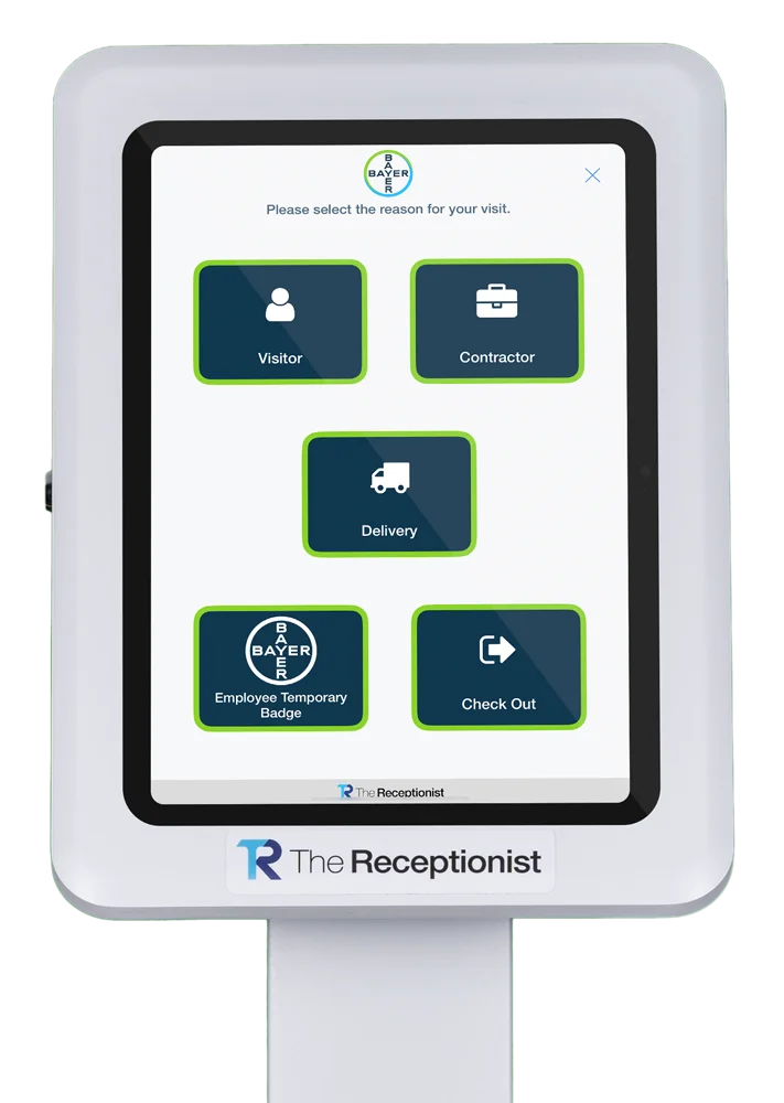 Bayer check-in button screen on The Receptionist for iPad visitor management system.