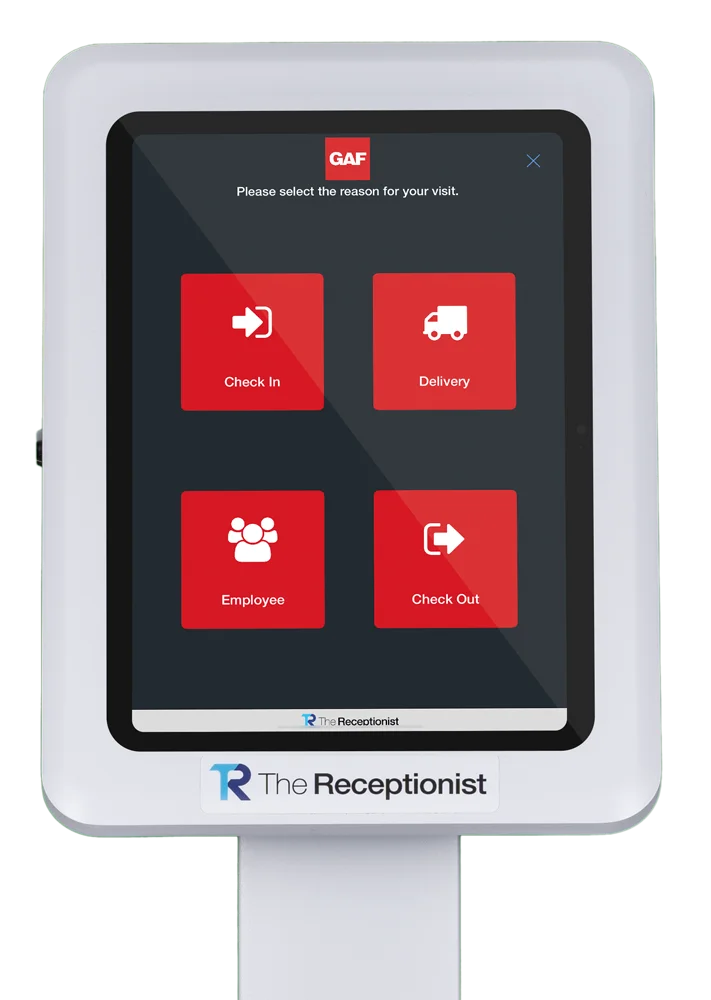 GAF roofing and waterproofing manufacturer check in button screen on The Receptionist for iPad visitor management system.
