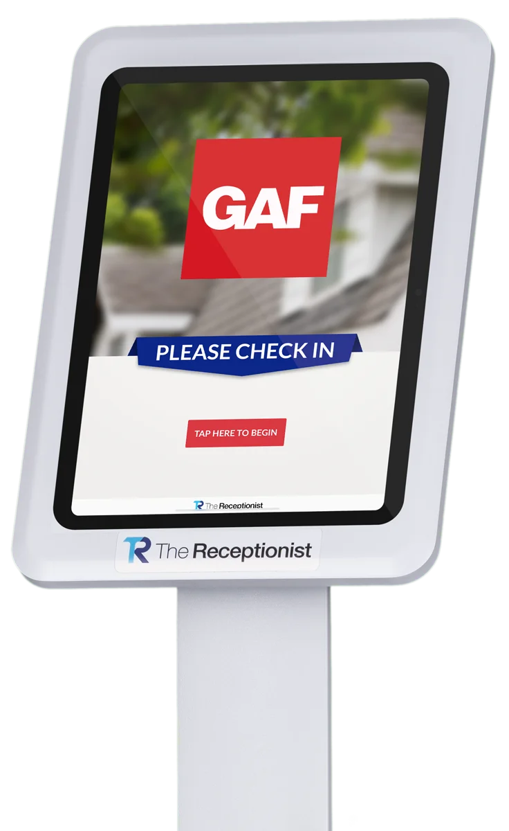 GAF roofing and water proofing manufacturer home screen on The Receptionist for iPad visitor management system.