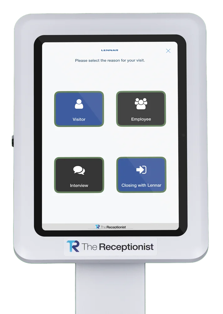 Lennar check-in button screen on The Receptionist for iPad visitor management system.