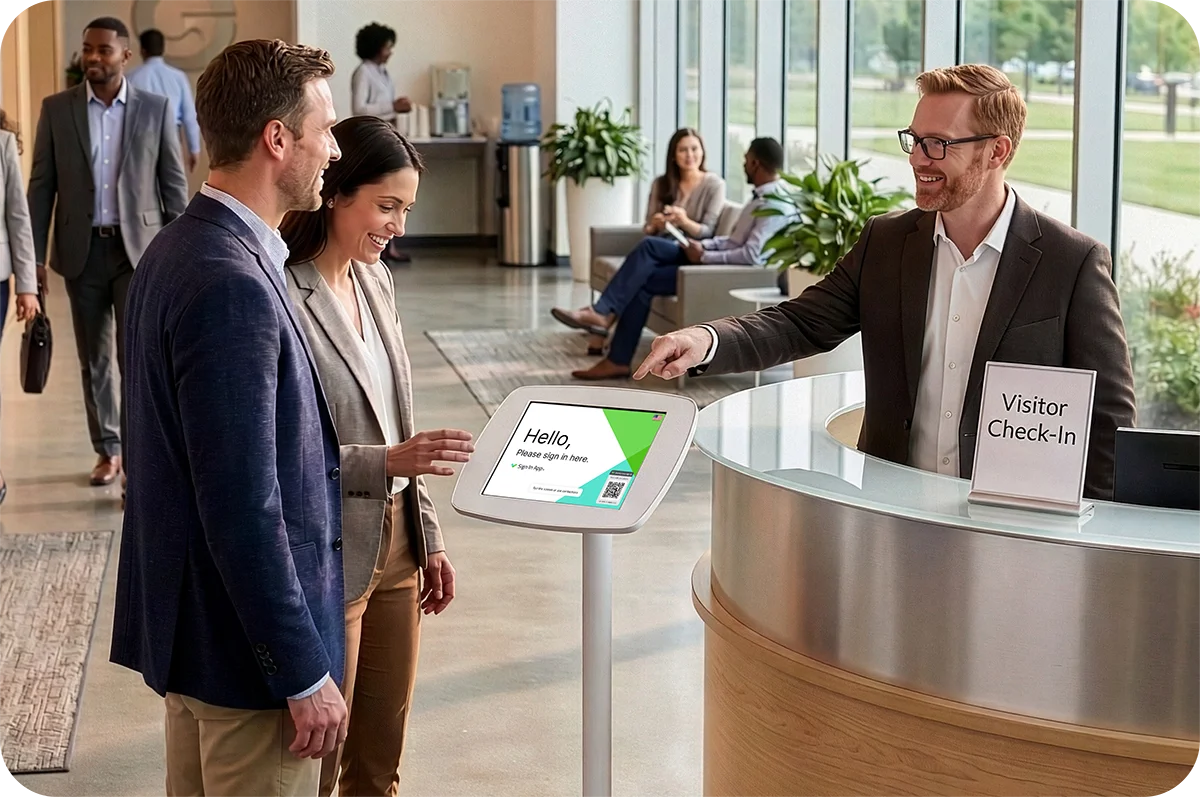 Visitor check-in in at a busy lobby front desk with Sign In App.