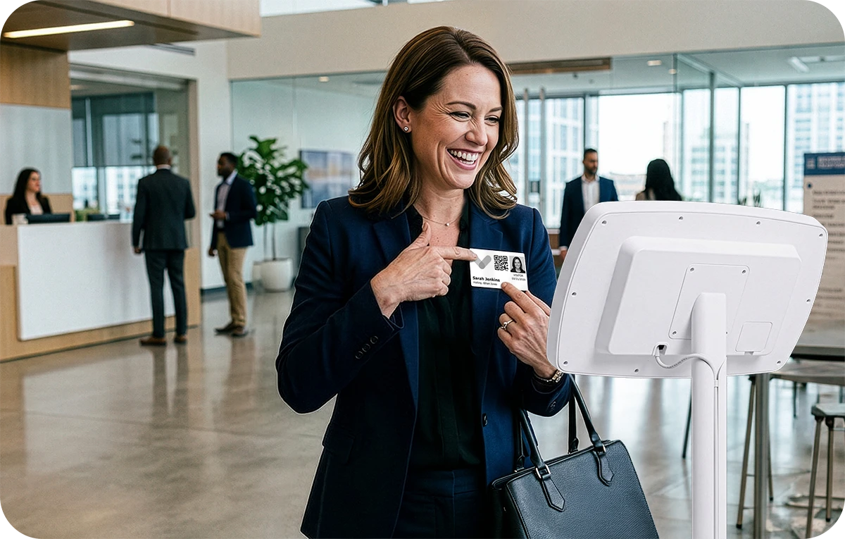 Woman applying name badge during visitor check-in with Sign In App.