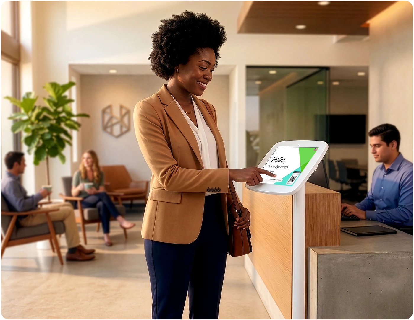 A business woman checks in at a Sign In App visitor management system.
